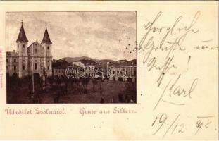 1898 (Vorläufer) Zsolna, Sillein, Zilina; Fő tér, üzletek. Gansel Lipót kiadása / main square, shops (vágott / cut)