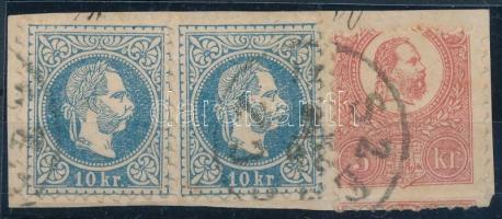 1867 2 x 10kr + 1871 Kőnyomat 5kr vegyes bérmentesítés kivágáson / 1867 2 x 10kr + 1871 5kr mixed fr...