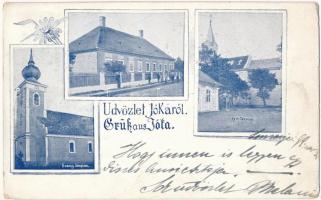 1899 (Vorläufer) Jóka, Jelka; Evangélikus templom, Katolikus templom, utca / Lutheran church, Catholic church, street view (kopott sarkak / worn corners)