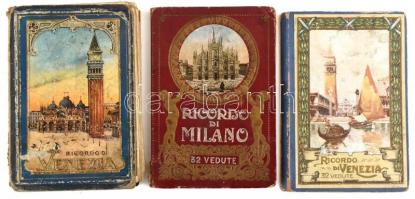 cca 1900-1920 Ricordo di Milano, Venezia (2 klf.), 3 db képes leporelló, sérült / viseltes állapotban
