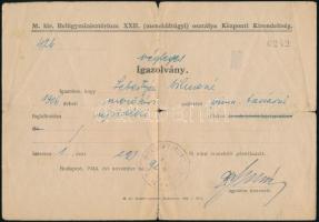 1944 Bp., M. kir. Belügyminisztérium XXII. (menekültügyi) osztálya Központi Kirendeltség által kiállított igazolvány