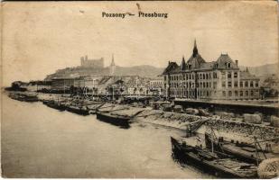 Pozsony, Pressburg, Bratislava; látkép, rakpart, vár. Hátoldalra ragasztott fénykép egy K.u.K. katonáról / general view, castle, quay. K.u.K. soldiers photo glued on the backside (lyuk / pinhole)