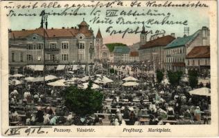 1916 Pozsony, Pressburg, Bratislava; Vásártér, piac, Duna Biztosító Társaság, Duschinsky G. üzlete / Marktplatz / market, insurance company, shops (fa)