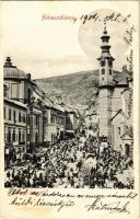 1904 Selmecbánya, Schemnitz, Banská Stiavnica; Kossuth Lajos tér, piac, Singer Ignác üzlete. Joerges Á. Özvegye és Fia kiadása / square, market, shops (EB)