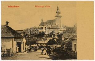 Selmecbánya, Schemnitz, Banská Stiavnica; Bélabányai részlet, templom, Silberberg Samu üzlete. Grohmann kiadása 363. / Banská Belá, shop, church, street (EK)