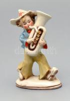 Trombitás fiú, kézzel festett német porcelán figura. 11 cm