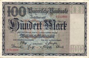 Német Birodalom/Weimari Köztársaság/München/Bayerische Notenbank 1922.1.1. 100M T:II