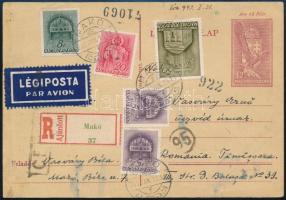 1943 Ajánlott légiposta levelezőlap Makóról Romániába, többszörös cenzúrával / Registered airmail postcard to Romania, with mutliple censorship marks