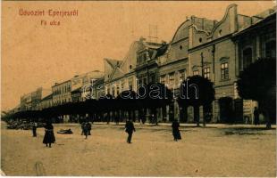 1907 Eperjes, Presov; Fő utca, Cattarino üzlete, piac. W.L. (?) No. 614. / main street, shops, market (EK)