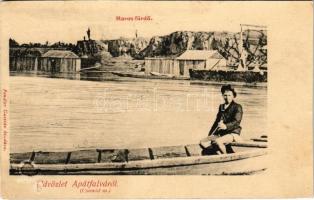 1908 Apátfalva (Csanád megye), Maros fürdő, úszó vízi hajómalom (vízimalom). Fendler Gusztáv kiadása / floating watermill (boat mill) (vágott / cut)