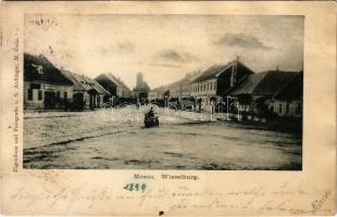 1899 (Vorläufer) Moson (Mosonmagyaróvár), Fő utca, üzletek. S. Aichinger felvétele és kiadása (r)