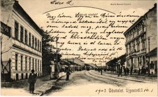 1903 Budapest IV. Újpest, Árpád út, villamos, gyár. Schön Bernát kiadása