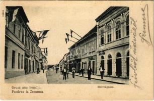 1918 Zimony, Semlin, Zemun; Úri utca, üzletek, zászlók / Herrengasse / street, shops, flags