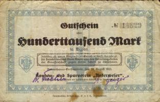 Német Birodalom/Weimari Köztársaság/Bremerhaven-Geestemünde 1923.8.28. 100.000M T:III foltos