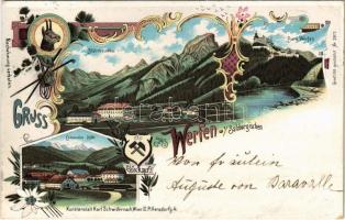 1898 (Vorläufer!) Werfen, Blühnbachtal, Burg Werfen, Concordia Hütte. Glück auf! Kunstanstalt Karl Schwidernoch No. 2817. Art Nouveau, floral, litho (r)