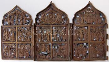 Három részből álló (Triptychon) zománcozott sárgaréz házioltár a XIX. század közepéből, szépen kidol...