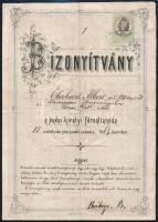1868/69 Budai főreáltanoda által kiállított bizonyítvány, 15 kr okmánybélyeggel