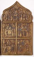 Négy részből álló (Poliptychon) sárgaréz házioltár a XIX. századból, gyönyörűen kidolgozott Jézus él...