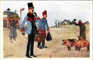 Judaica humour art postcard with K.u.K. soldiers, pigs and Jewish men. B.K.W.I. 827-2. s: Schönpflug (ragasztónyom / glue marks)
