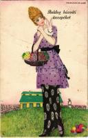 1919 Boldog Húsvéti Ünnepeket! / Easter greeting art postcard, lady with bunny. B.K.W.I. 4691-3. s: Mela Koehler (fa)