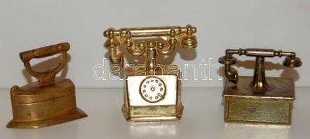 3 darabos bronz telefon és vasaló készlet kis méretben, 6 centiméteres magassággal