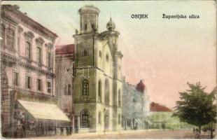 Eszék, Essegg, Osijek; Zupanijska ulica / Megye utca, zsinagóga, Vilim Vogel üzlete / street view, synagogue, shop (EK)