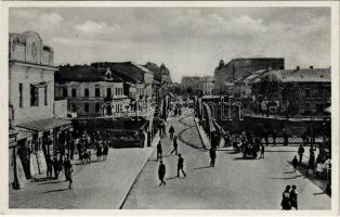 Ungvár, Uzshorod, Uzhhorod, Uzhorod; Fencikovo námestí / tér, híd, üzletek / square, bridge, shops + "1938 Ungvár visszatért" So. Stpl.