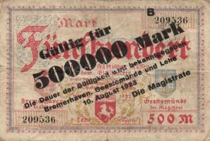 Német Birodalom/Weimari Köztársaság/Bremerhaven, Geestemünde, Lehe 1923.8.10. 500.000M T:III