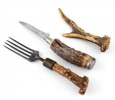 Agancsvégű kés és villa, kés vége csorba, h:15,5 cm és agancs, h: 11 cm
