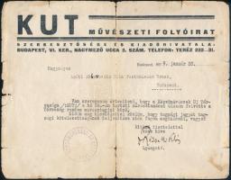 1929 Apáti Abkarovics Béla (1888-1957) festőművész részére kiállított levél, mely szerint a Képzőművészek Új Társasága rendes művésztagjai közé felvette. Rózsa Miklós (1873-1945) művészeti író, a KUT igazgatójának autográf aláírásával, fejléces papíron. Sérült, hajtásnyommal, foltos
