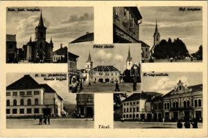 1940 Técső, Tiacevo, Tiachiv, Tyachiv; Római katolikus és református templom, Fő tér, Korona szálló, M. kir. járásbíróság és Román hegyek, Katz Bertalan üzlete / churches, main square, hotel, court, shop