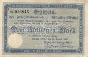 Német Birodalom/Weimari Köztársaság/Münster/Reichsbahndirektion 1923.8.15. 3000.000M T:II-
