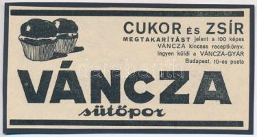 cca 1920-1940 Váncza sütőpor, reklám nyomtatvány, papír kartonra kasírozva, 6,5x12,5 cm