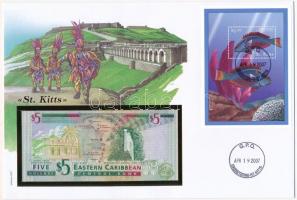 Kelet-Karibi Államok/St. Kitts bankjegyes pecsételt és bélyeges boríték benne Kelet-Karibi Államok/Antigua és Barbuda 2000. 5$ T:I  Eastern Caribbean States/St. Kitts sealed envelope with stamp, inside Eastern Caribbean States/Antigua and Barbuda 2000. 5 Dollar banknote C:I