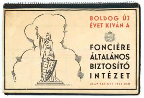 1942 A Fonciére Általános Biztosító Intézet asztali naptára bejegyzésekkel, László Gy. grafikájával a címlapon, hiánytalan, jó állapotban, 21×31 cm