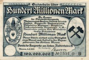 Német Birodalom/Weimari Köztársaság/Moers 1923.9.4. 100.000.000M T:II- bal felső kis sarokhiánnyal