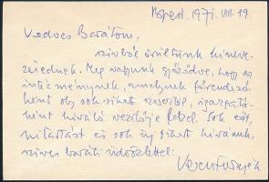 1971 Keresztury Dezső (1904-1996) író, kritikus, egyetemi tanár saját kézzel írt és aláírt gratulációja Marton Endrének, a Nemzeti Színház igazgatói kinevezéséhez, eredeti borítékjában