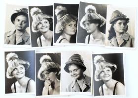 cca 1960-1970 Fiatal hölgy kalapban, 9 db fotó, 9x6,5 cm