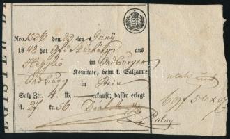 1848 A hegykői gróf Széchenyi István uradalom által a Sóhivatal részére kifizetett sóadó kifizetési igazolása (sófizetési jegy), jó állapotban