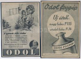 cca 1920-1940 Odol szájvíz és fogkrém reklám nyomtatványok, 3 db, kartonra kasírozva, 19x13 cm és 18x13 cm közötti méretben.