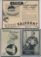 cca 1920-1940 Vegyes reklám nyomtatvány tétel, 3 db: Ovenall habzófogpor, Kalodont, Old Sandal Water, papír kartonra kasírozva, 15x19 cm és 14x10 cm közötti méretben