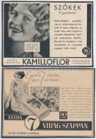 cca 1920-1940 Vegyes reklám nyomtatvány tétel, 2 db: Elida Shampoo Kamilloflor szőke hajnak csodálatos, és Elida 7 virág szappan, papír kartonra kasírozva, 13x18 cm és 14x19 cm közötti méretben