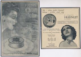 cca 1920-1940 Poudre Chat Noir minden divatszínben, és A világhíró Hudnut arc-puder, reklám nyomtatványok, papírok kartonokra kasírozva, 18x13 cm és 13x13 cm