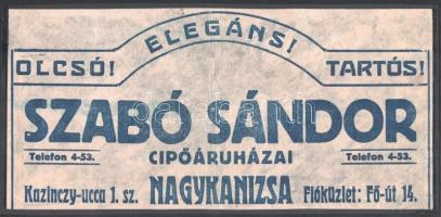 cca 1920-1940 Nagykanizsa, Szabó Sándor Cipőáruházai reklám nyomtatvány, papír kartonra kasírozva, 14,5x30 cm