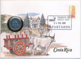 Costa Rica 1989. 5C acél felbélyegzett borítékban, bélyegzéssel, német nyelvű tájékoztatóval T:1- patina, kis karc Costa Rica 1989. 5 Colones steel in envelope with stamp, cancellation and a prospectus in german C:AU patina, small scratches