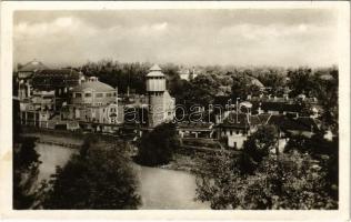 1950 Pöstyén, Piestany; Pohlad na kúpele a zriedlo s Radiového vrsku (cervená veza) / fürdő látképe, víztorony / spa, bath, water tower