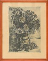 Scultéty Éva (1917-2001): Krizantém. Rézkarc, papír, jelzett, lap széle kissé sérült és kissé foltos, üvegezett fakeretben, 40×28,5 cm