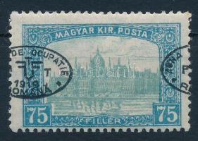 Debrecen I. 1919 Parlament 75f látványosan elcsúszott felülnyomással, Bodor vizsgálójellel (betapadás / gum disturbance)