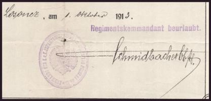 1913 Losonc, K.u.k. Infanterieregiment No. 25. által kiállított oklevél, hajtott, szakadással