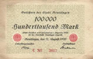 Német Birodalom/Weimari Köztársaság/Reutlingen 1923.8.11. 100.000M T:III